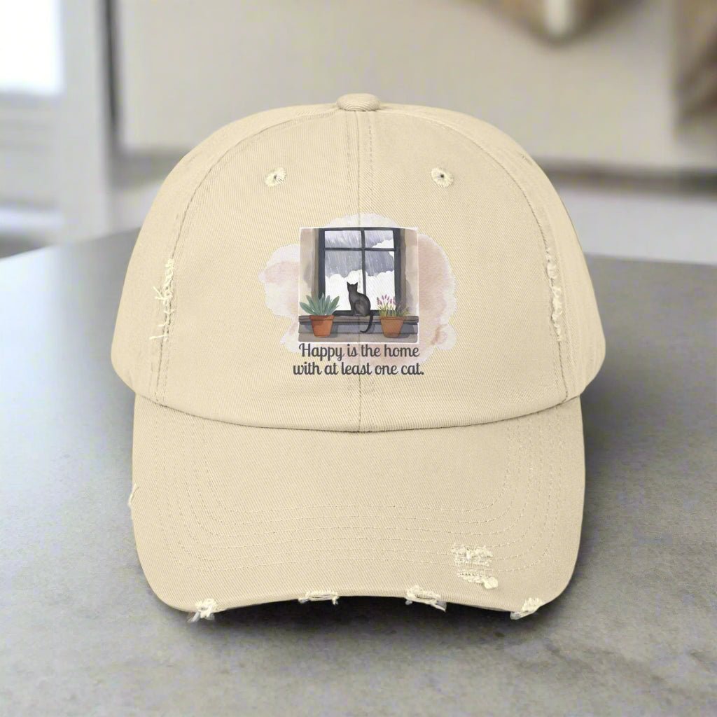 Unisex Distressed Cap - "Happy is the Home with at Least One Cat" - Hats, Baseball & Trucker - EpiAl's Shop