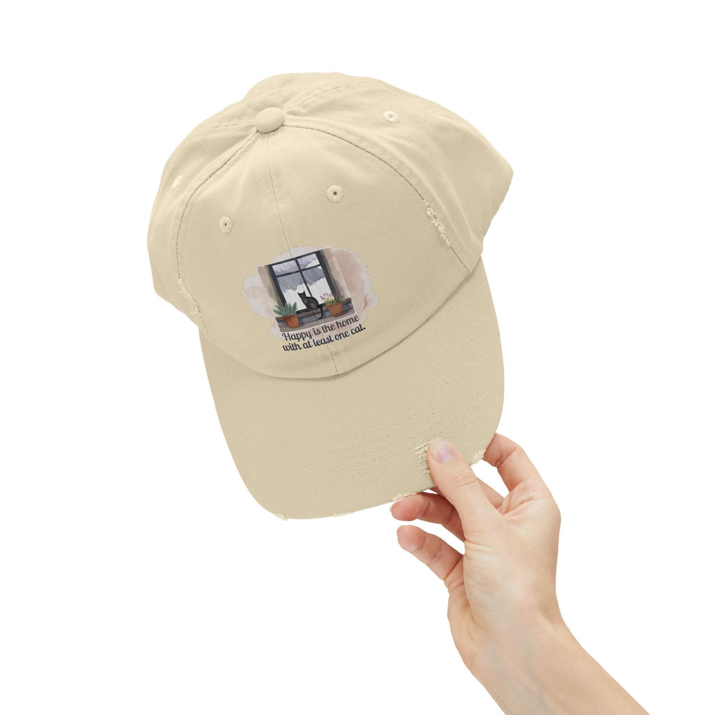 Unisex Distressed Cap - "Happy is the Home with at Least One Cat" - Hats, Baseball & Trucker - EpiAl's Shop