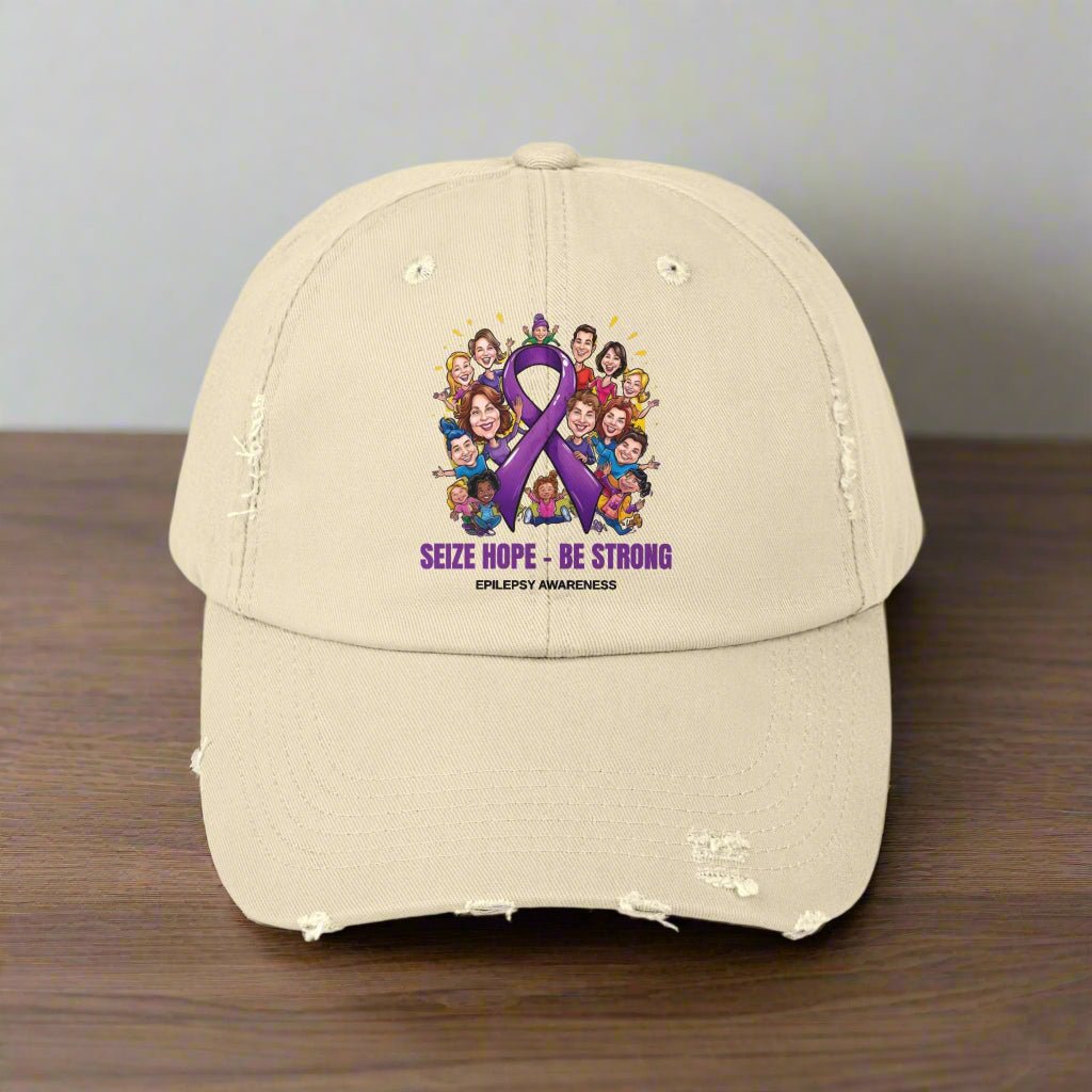 Unisex Distressed Cap - Seize Hope Be Strong - Epilepsy Awareness - Hats, Baseball & Trucker - EpiAl's Shop