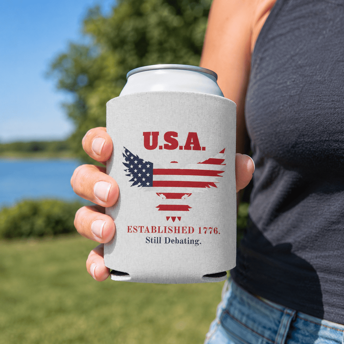 USA Established 1776 Still Debating Can Cooler Sleeve | Patriotic Funny Koozie - Koozies, Can & Bottle - EpiAl's Shop