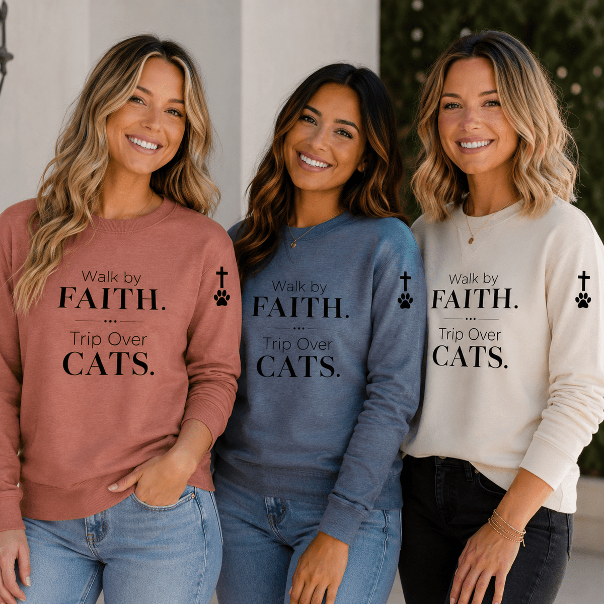 Walk by Faith. Trip Over Cats. Lightweight Crewneck Sweatshirt - Clothing, Unisex, T-Shirts, Long-Sleeved - EpiAl's Shop