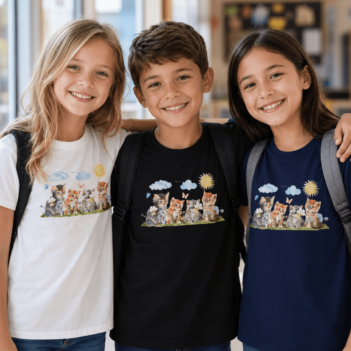 Watercolor Kittens in the Garden Kids’ T-Shirt - Clothing, Youth, Unisex, T-Shirt - EpiAl's Shop