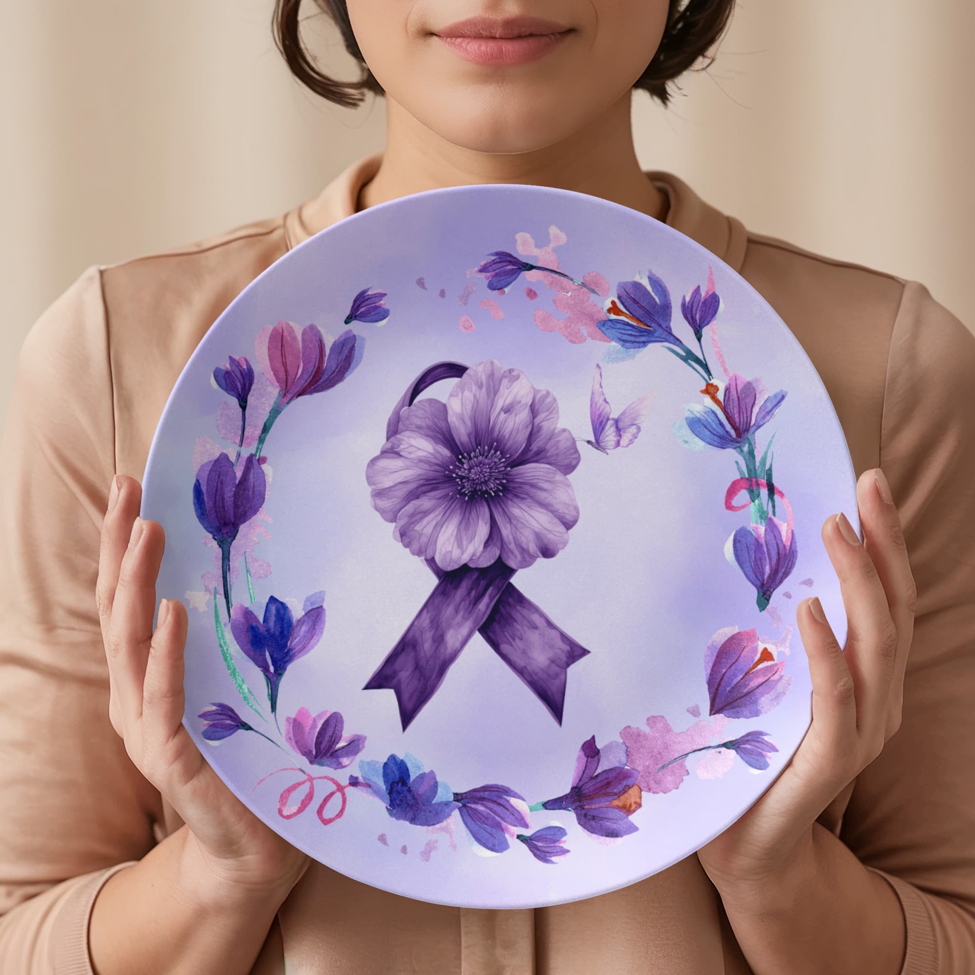 Watercolor Purple Ribbon Collectible Plate - Decor, Kitchen & Dining, Plates - EpiAl's Shop