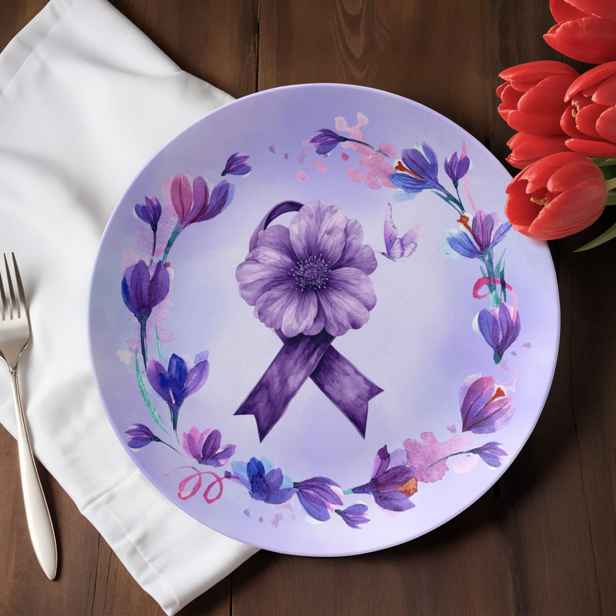 Watercolor Purple Ribbon Collectible Plate - Decor, Kitchen & Dining, Plates - EpiAl's Shop