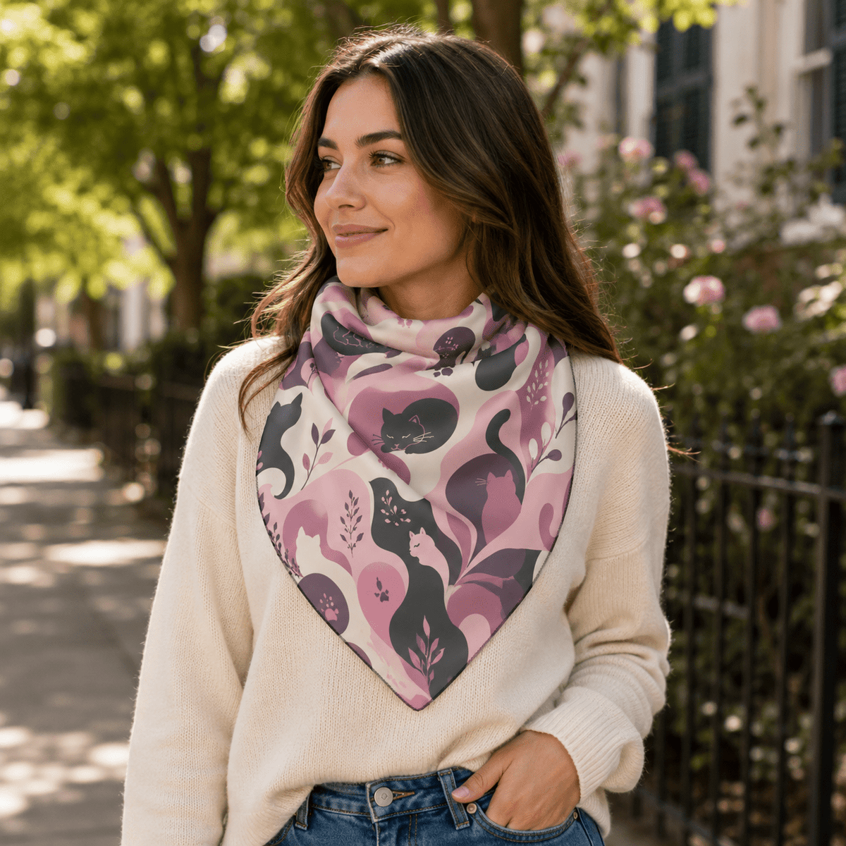 Whimsical Cat Scarf | Pink & Mauve Abstract Cat Square Scarf - Clothing, Women, Scarves - EpiAl's Shop