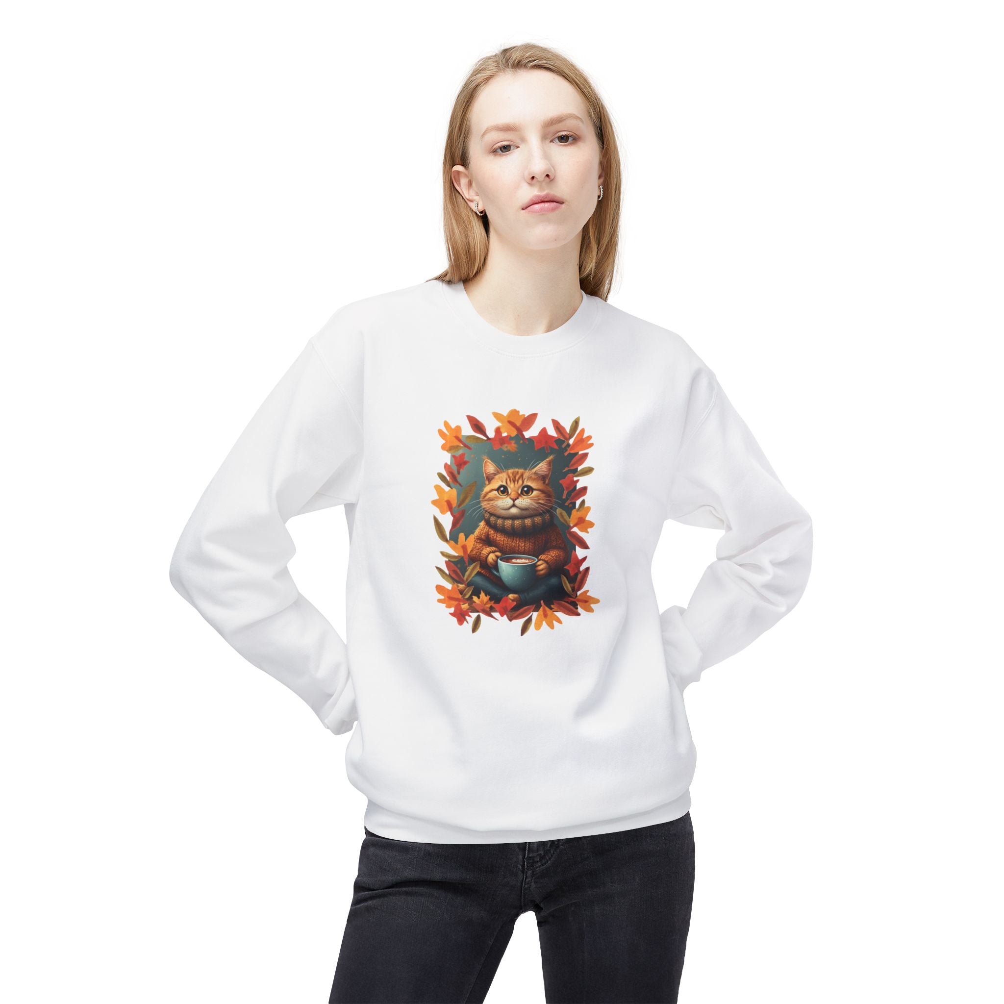 Whimsical Fall Fleece Kitty Sweatshirt, Cozy Autumn Apparel - Clothing, Sweatshirts - EpiAl's Shop