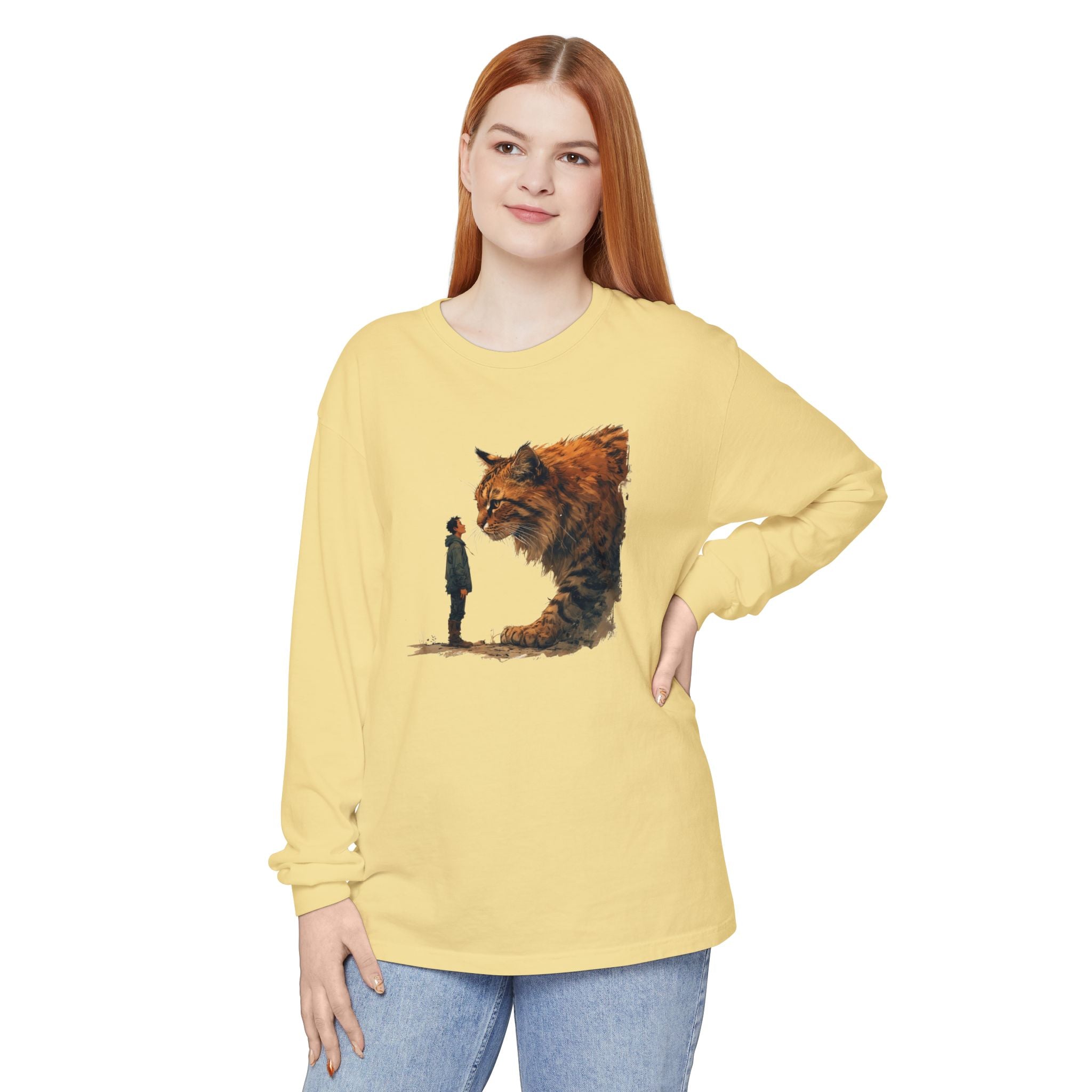 Whimsical Long Sleeve T-Shirt with Giant Cat Design - Clothing, T-shirts, Long - Sleeve - EpiAl's Shop