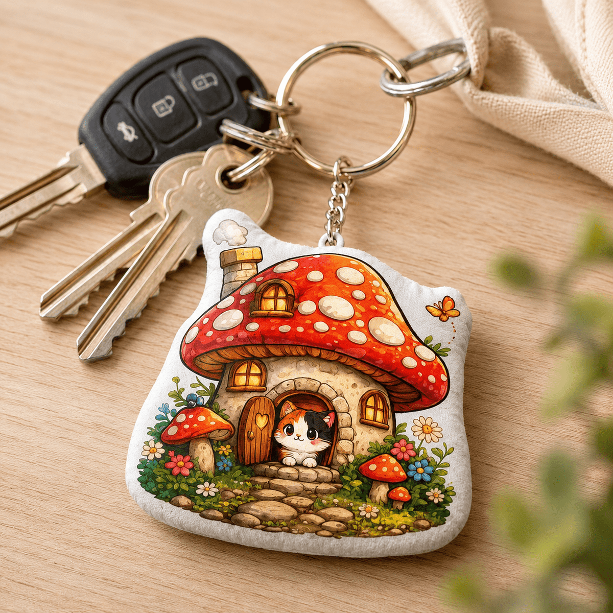 Whimsical Mushroom Cottage Plush Keychain | Cottagecore Cat Charm - Jewelry, Keychains - EpiAl's Shop