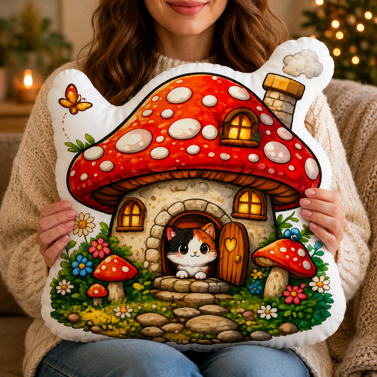 Whimsical Mushroom Cottage Shaped Pillow | Cozy Cat Cottage Forest Cushion - Decor, Pillows, Shaped - EpiAl's Shop