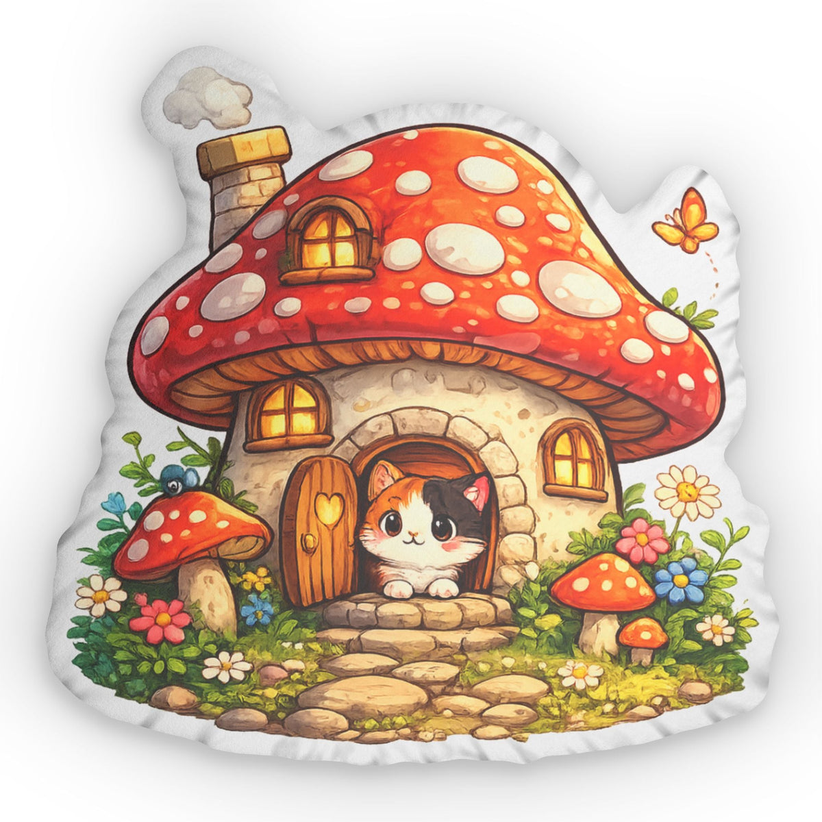Whimsical Mushroom Cottage Shaped Pillow | Cozy Cat Cottage Forest Cushion - Decor, Pillows, Shaped - EpiAl's Shop