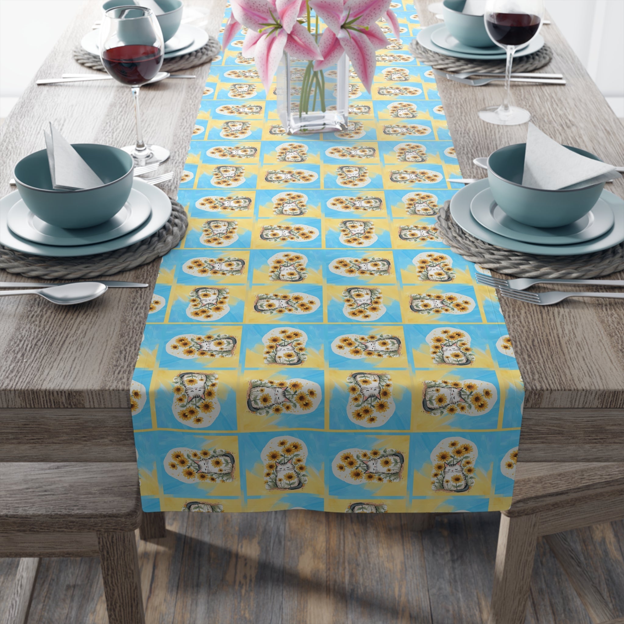 Whimsical Sunflower Kitty Table Runner - Decor, Dining, Table Decor - EpiAl's Shop
